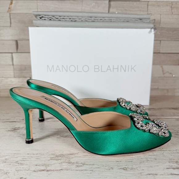 Manolo Blahnik Women's Size 36 Green Hangisimu Heeled Mules Satin 70MM NEW - Picture 2 of 16